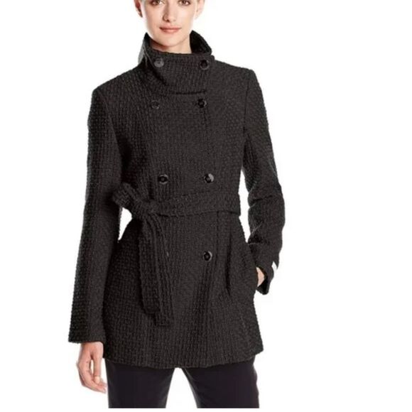 Calvin Klein Black Wool Blend Boucle Peacoat Women’s US Extra Large - Picture 1 of 11